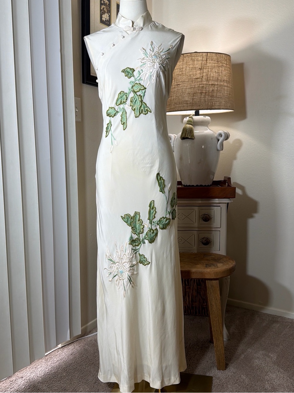 Sue Wong Cream Maxi Cheongsam with Green Floral Embroidery